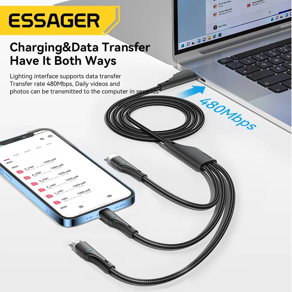 Багатозарядний кабель 3-в-1 USB-C Micro USB Lightning