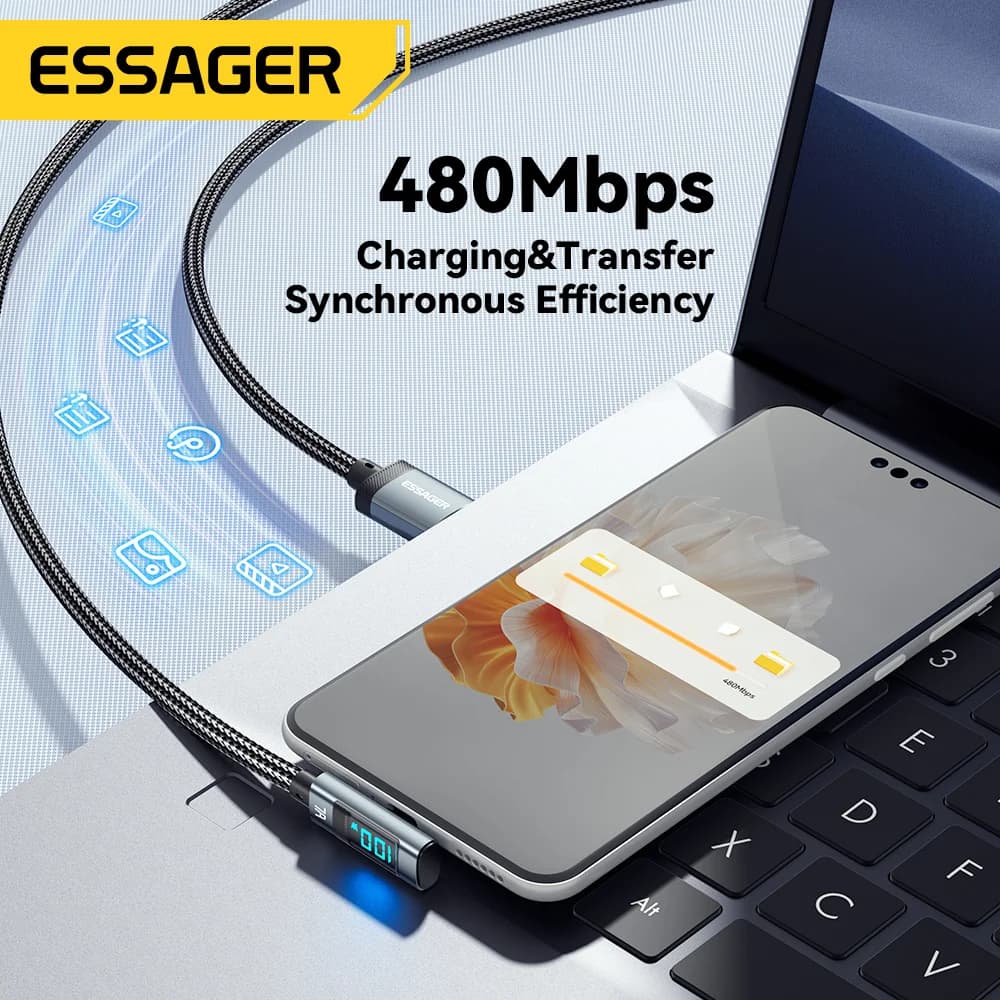 Гнутий кабель USB-C 7A 100W з цифровим дисплеєм