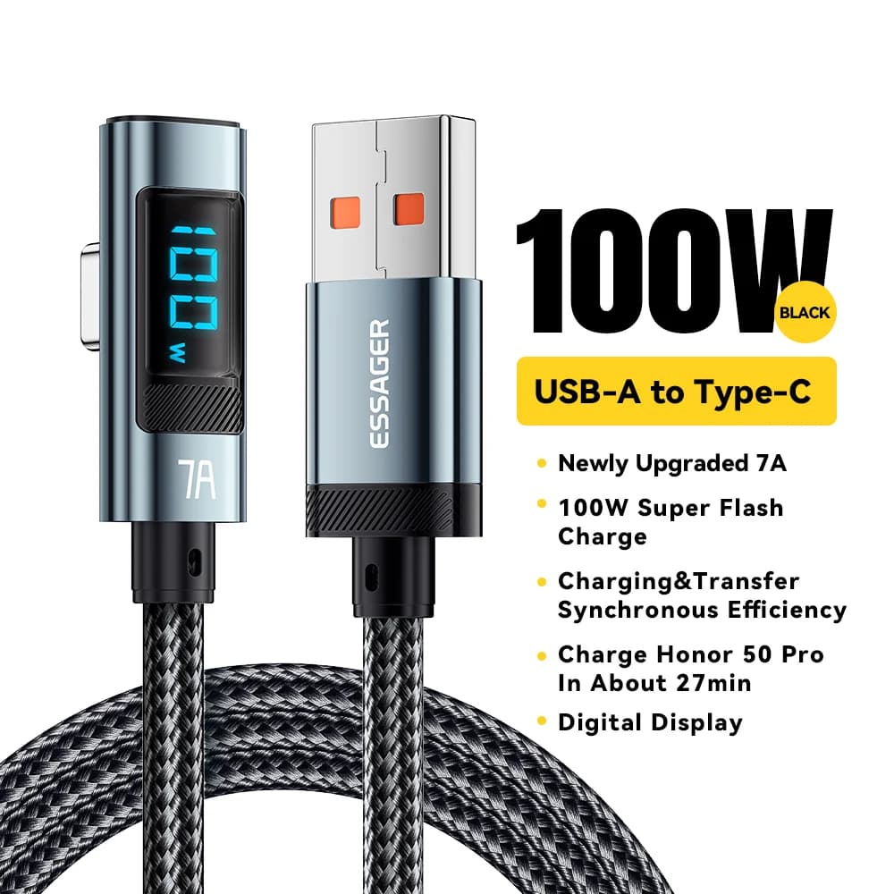 Гнутий кабель USB-C 7A 100W з цифровим дисплеєм