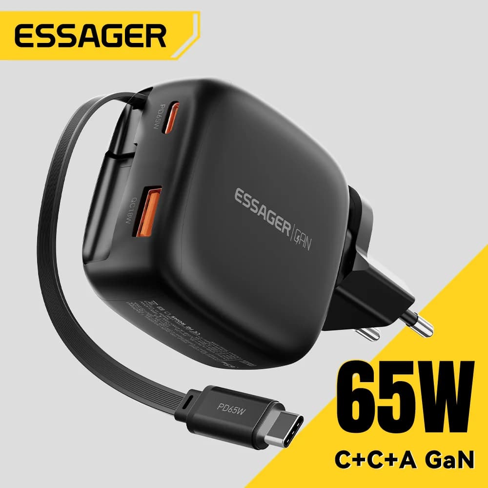 Зарядний пристрій GaN 65W з висувним кабелем USB-C 3-в-1