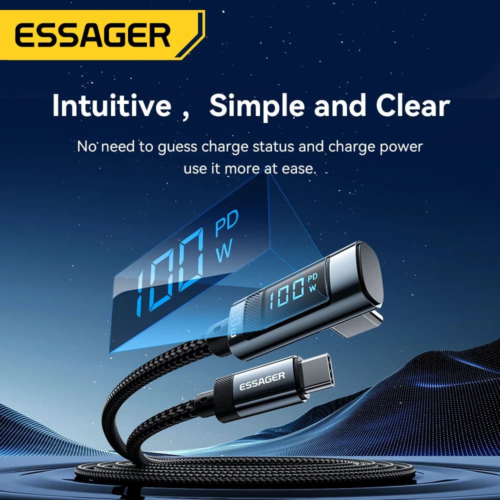 Кабель USB-C 100W 5A з кутовим роз'ємом 90° та LED-дисплеєм