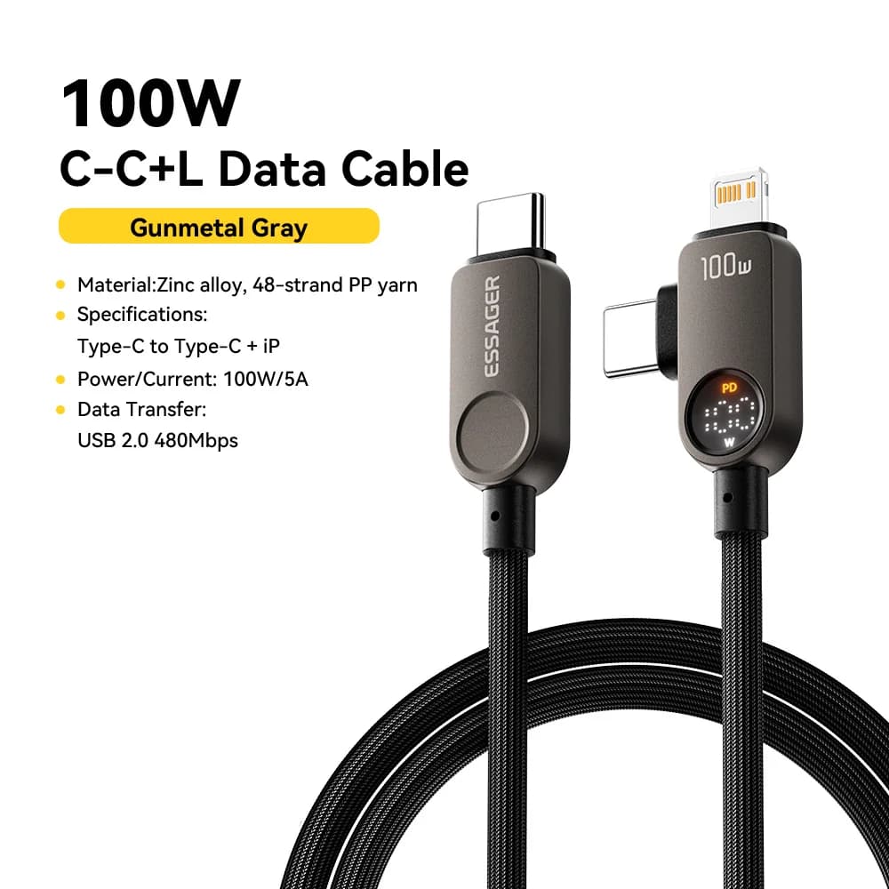 Кабель 2-в-1 USB-C на Lightning, 100 Вт PD