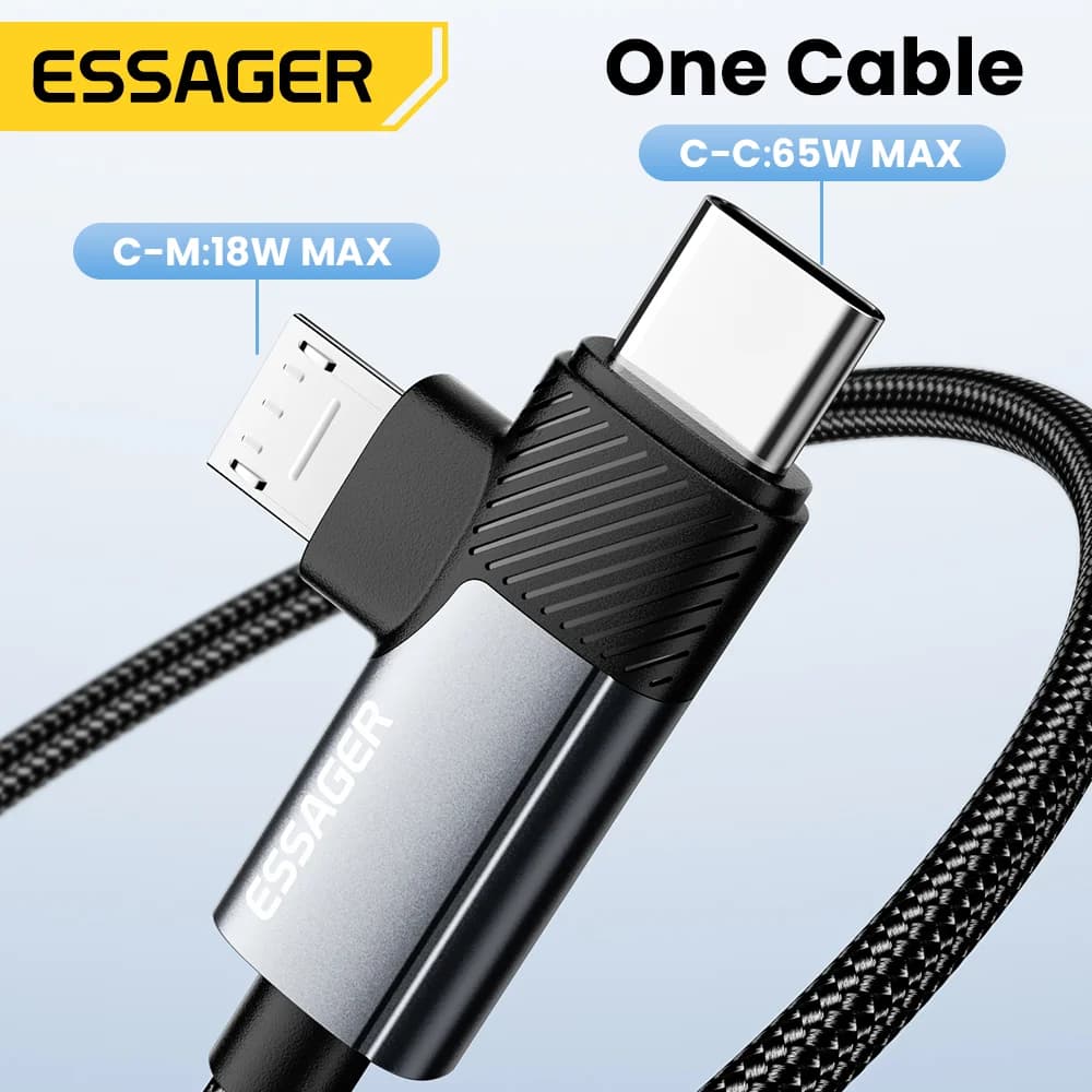 2-в-1 кабель Type-C/USB-A to Micro для швидкої зарядки PD 65W
