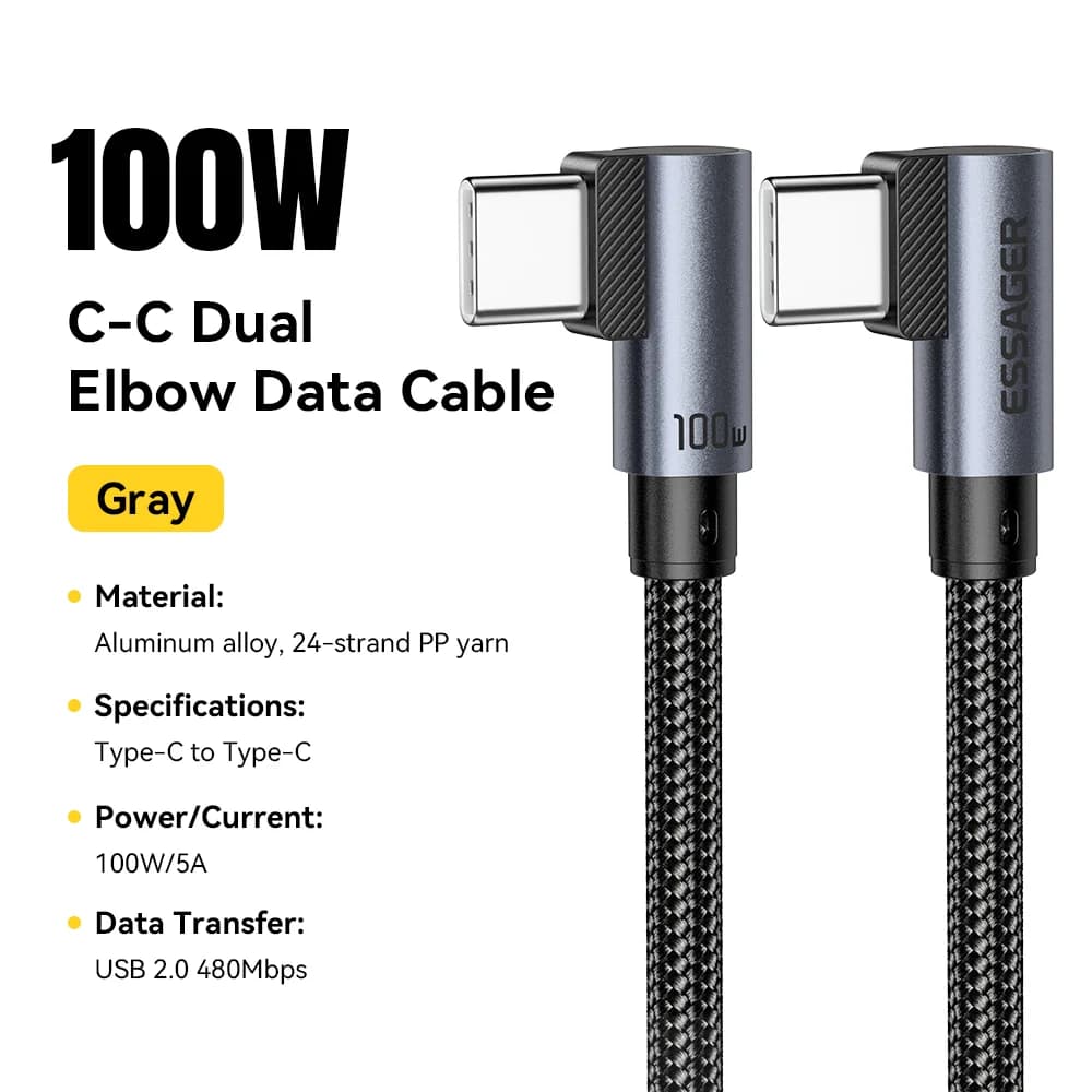 Гнутий кабель USB-C на USB-C для швидкої зарядки 100W