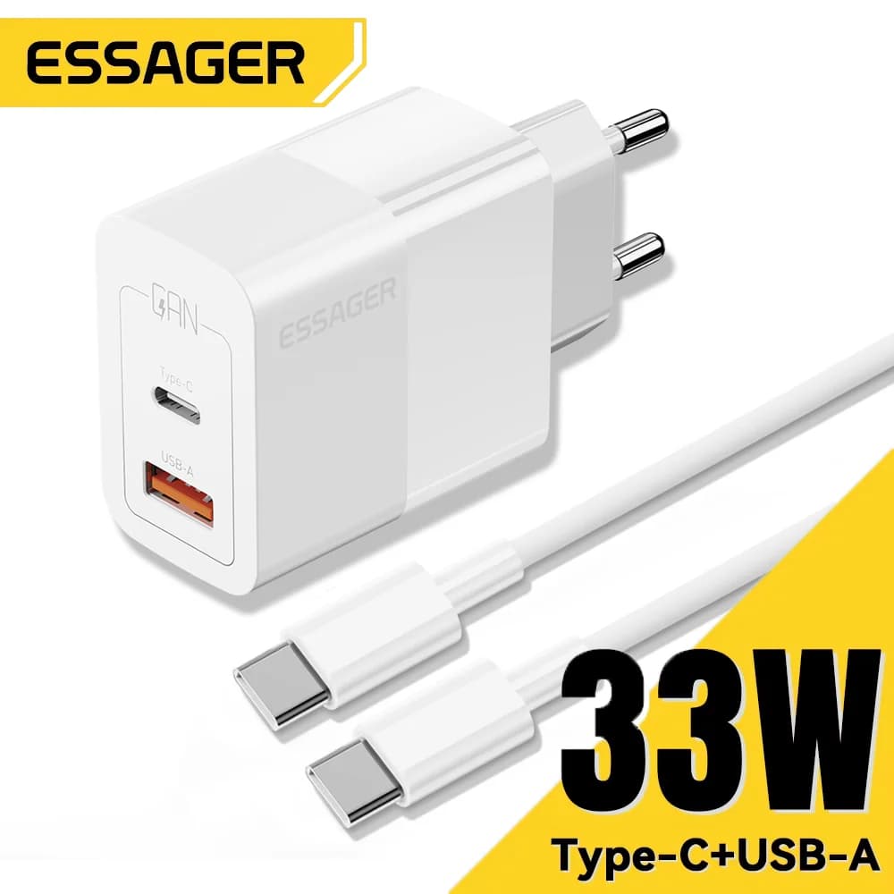 Компактний мережевий зарядний пристрій 33W з подвійним портом USB-C та швидкою зарядкою