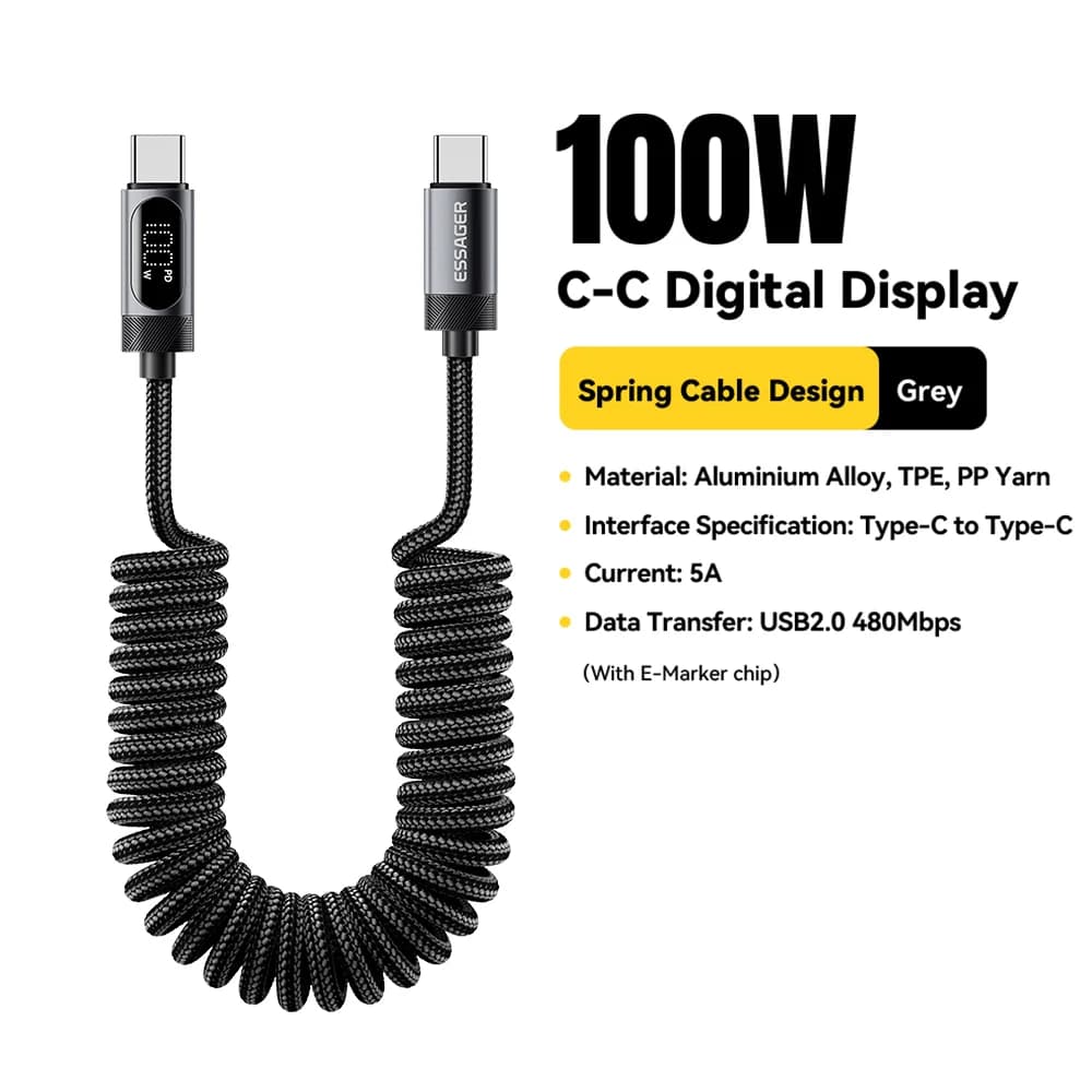 Автомобільний кабель USB-C to USB-C 100W (пружинний)