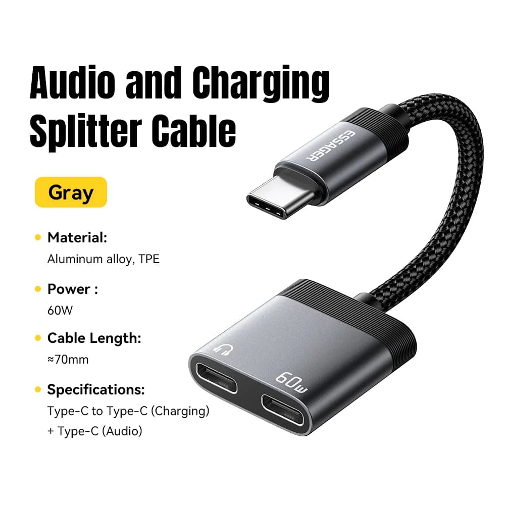Розгалужувач 2-в-1 USB-C для аудіо та зарядки PD 60W